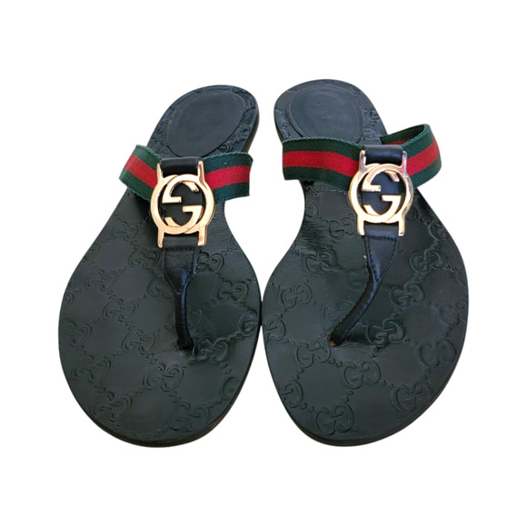 Gucci GG Black Web Thong Guccissima Sandals Logo Monogram Flip Flop 6.5 36.5 - Picture 1 of 13